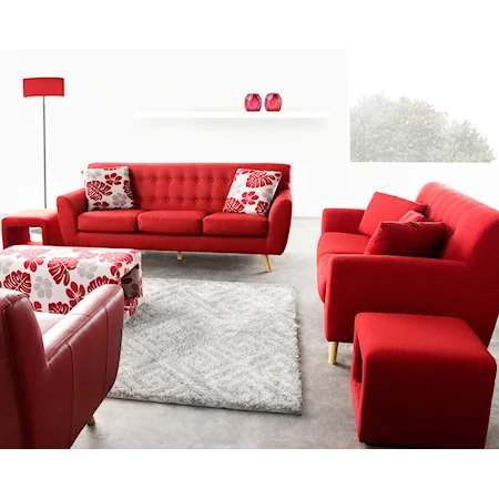 Rouge Red Solid Fabric Sofa & Loveseat 2-Piece Set with Retro Wood Legs
